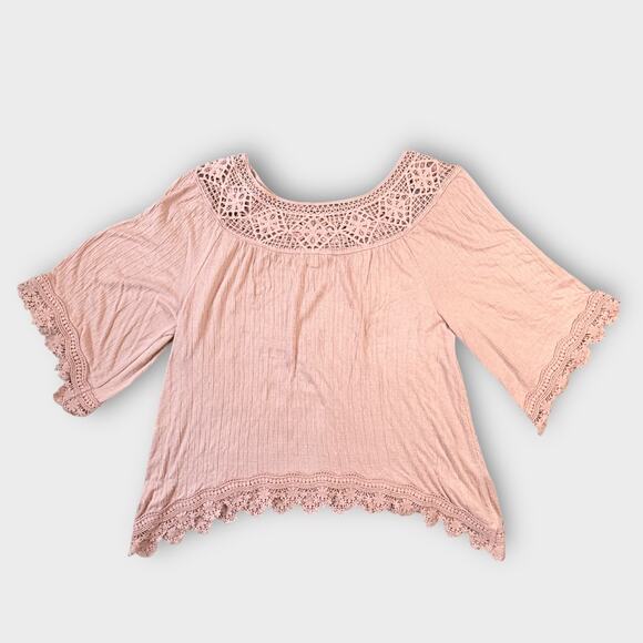 EYESHADOW PINK GAUZE CROCHET BOHO BLOUSE FLOWY HALF SLEEVE SIZE LARGE - Picture 3 of 9